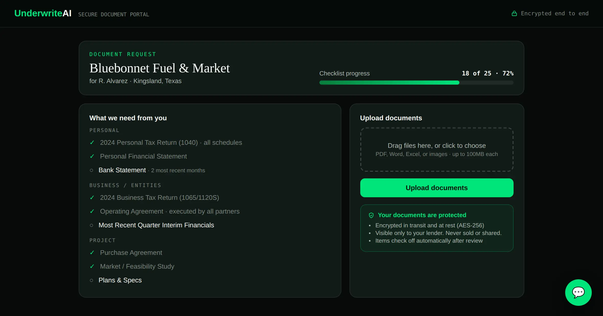 UnderwriteAI secure borrower portal showing a document checklist with automatic check-off, drag-and-drop upload, and document protection details